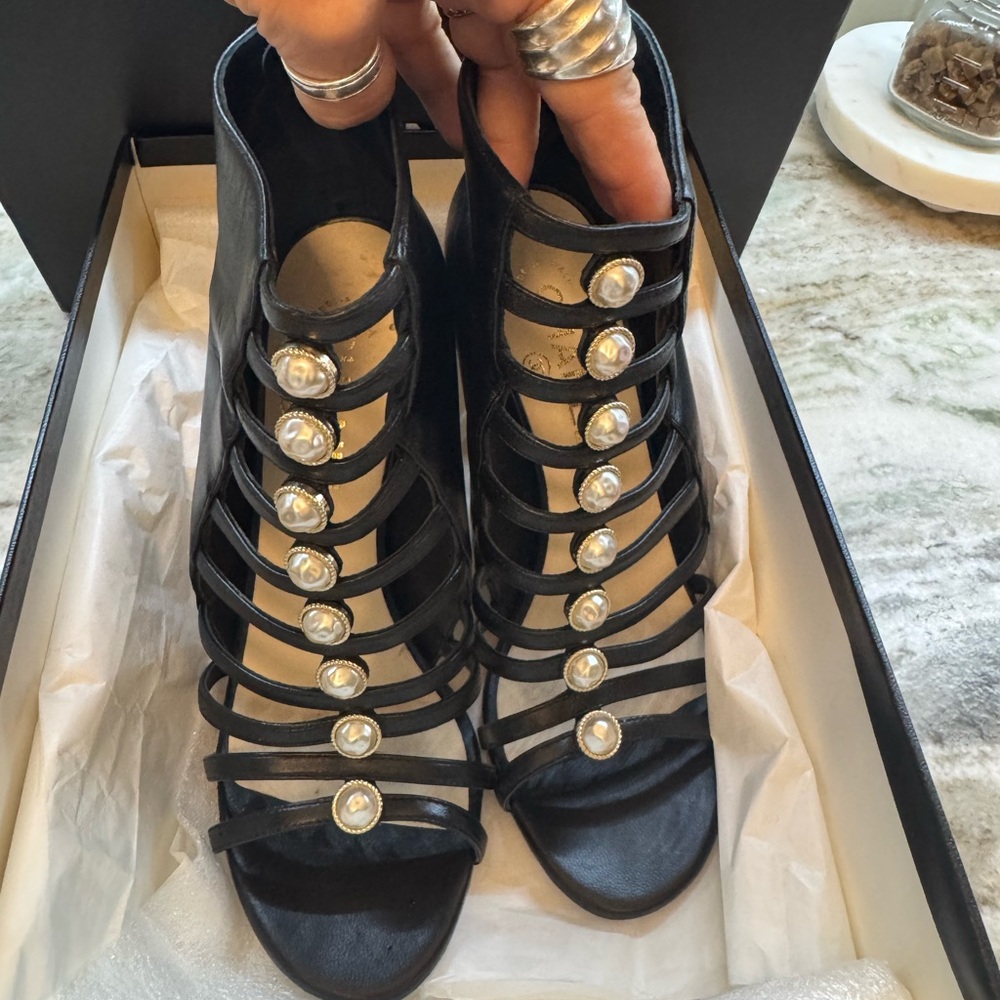 Chanel Black Strappy Heeled Sandals with Pearl Accents
